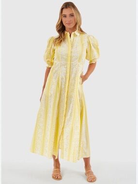 Yellow Stripe Lace-Panel Maxi Shirt Dress with Puff Sleeves